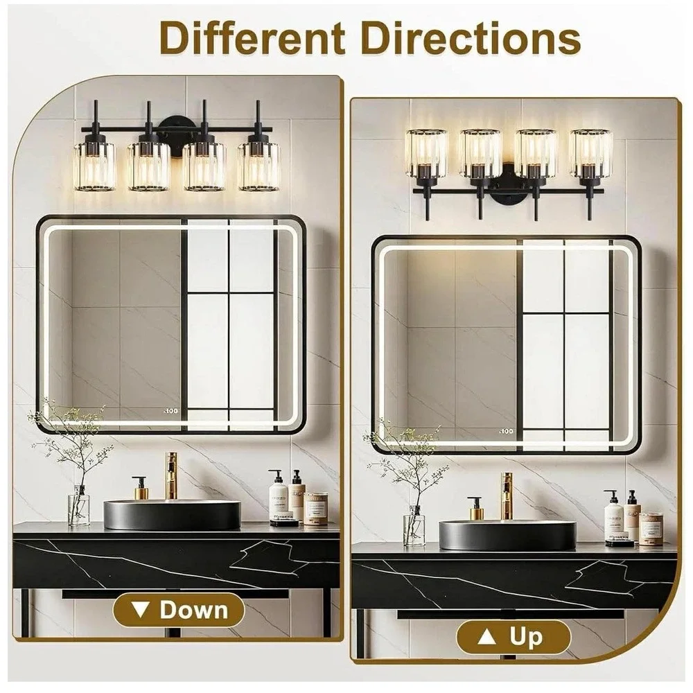4 Light Round Crystal Vanity Lights Modern Black Crystal Wall‎ Light Bath Mirror